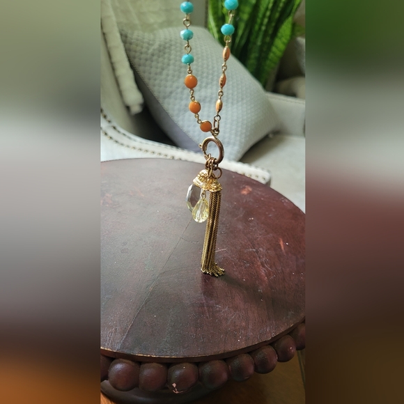 Vintage Blue and Gold Necklace with Crystal Pendant - Picture 6 of 8